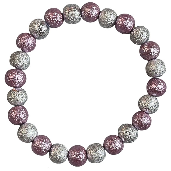 Light pink & silver metallic foiled round glass stretchy beaded bracelet NEW - Picture 1 of 3